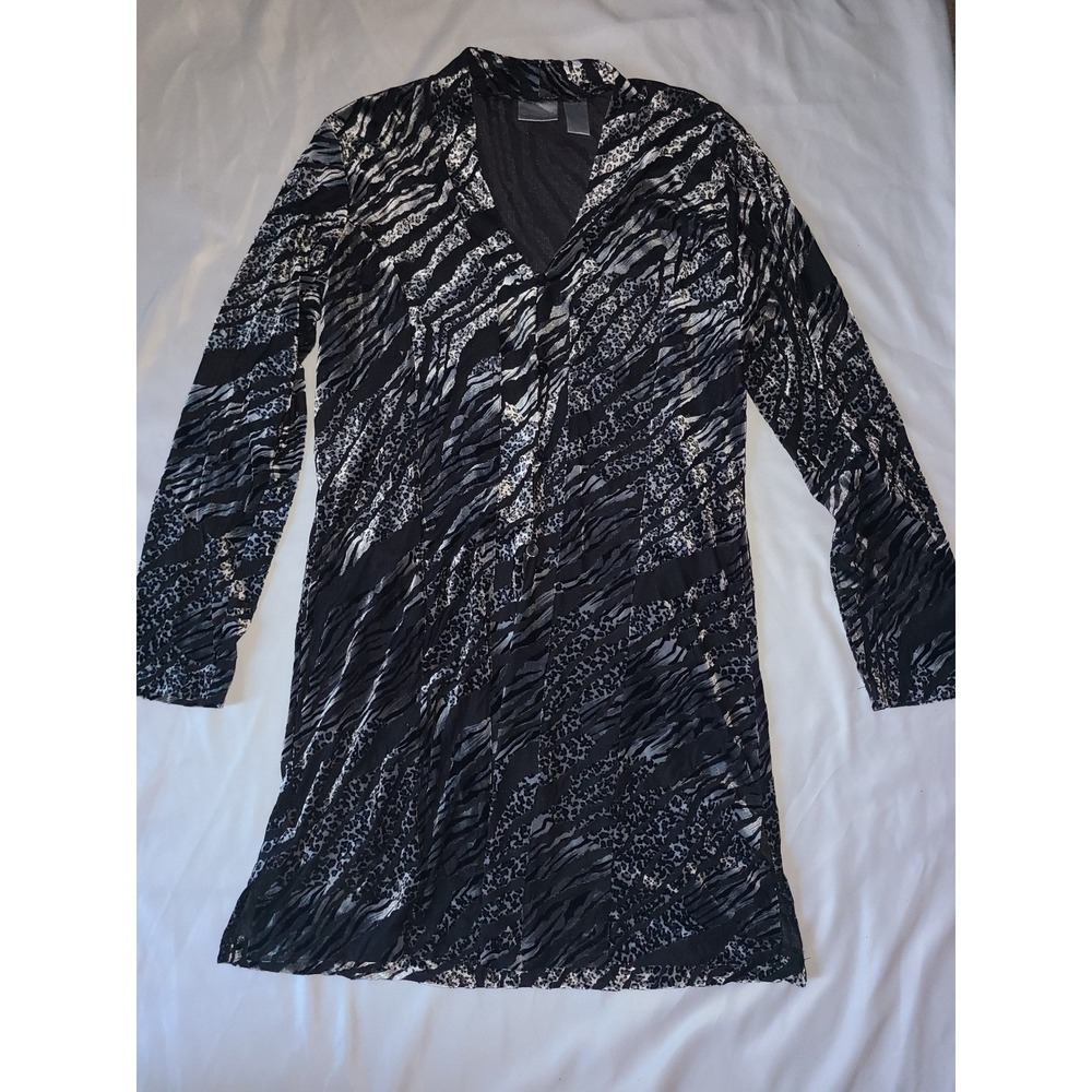 Chicos Size 1‎ Black Silver Animal Print Long Sleeve V Neck Button Cardigan